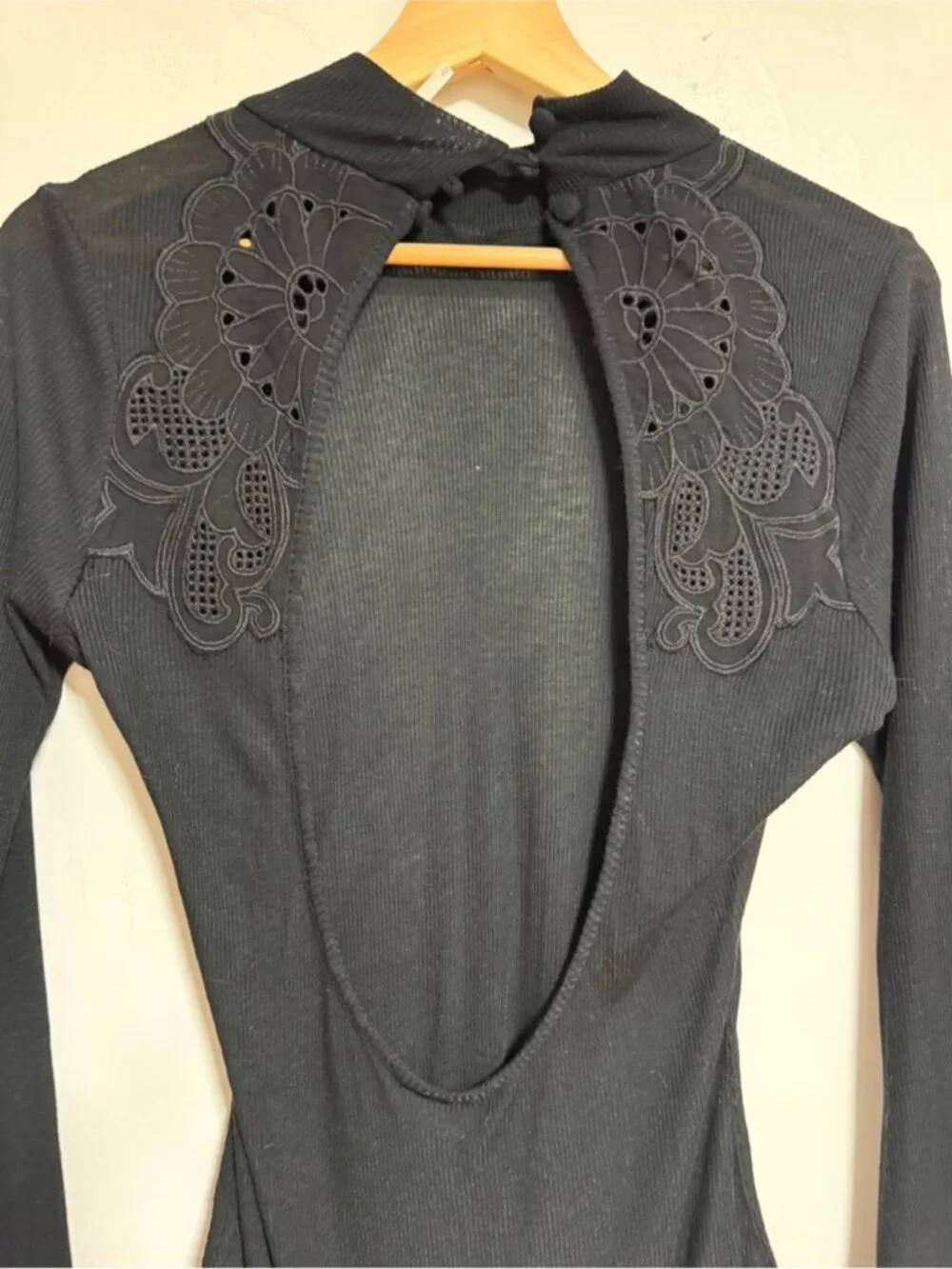 Free People Black Ribbed Mock Neck Open Back Lace Trim Bodysuit Large
